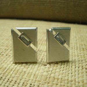 Vintage Swank Silver Rectangle Cuff Links with Blue Set